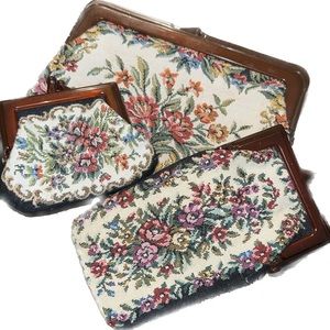 Vintage INTERPUR Cottagecore Floral Tapestry Lucite Clutch Purse Coin 3pc Set